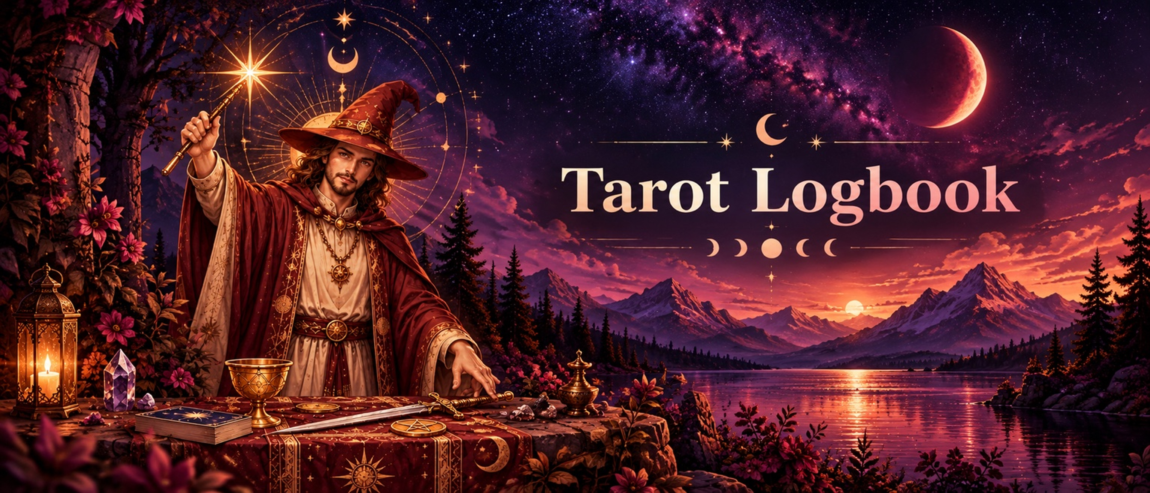 A tarot reader in a rose-covered mountain landscape beneath a crescent moon and the title Tarot Logbook